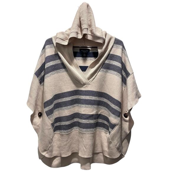 American Eagle Poncho Striped Knit V Neck Hooded Sweater Cream Gray Sz XS Small - Picture 3 of 6